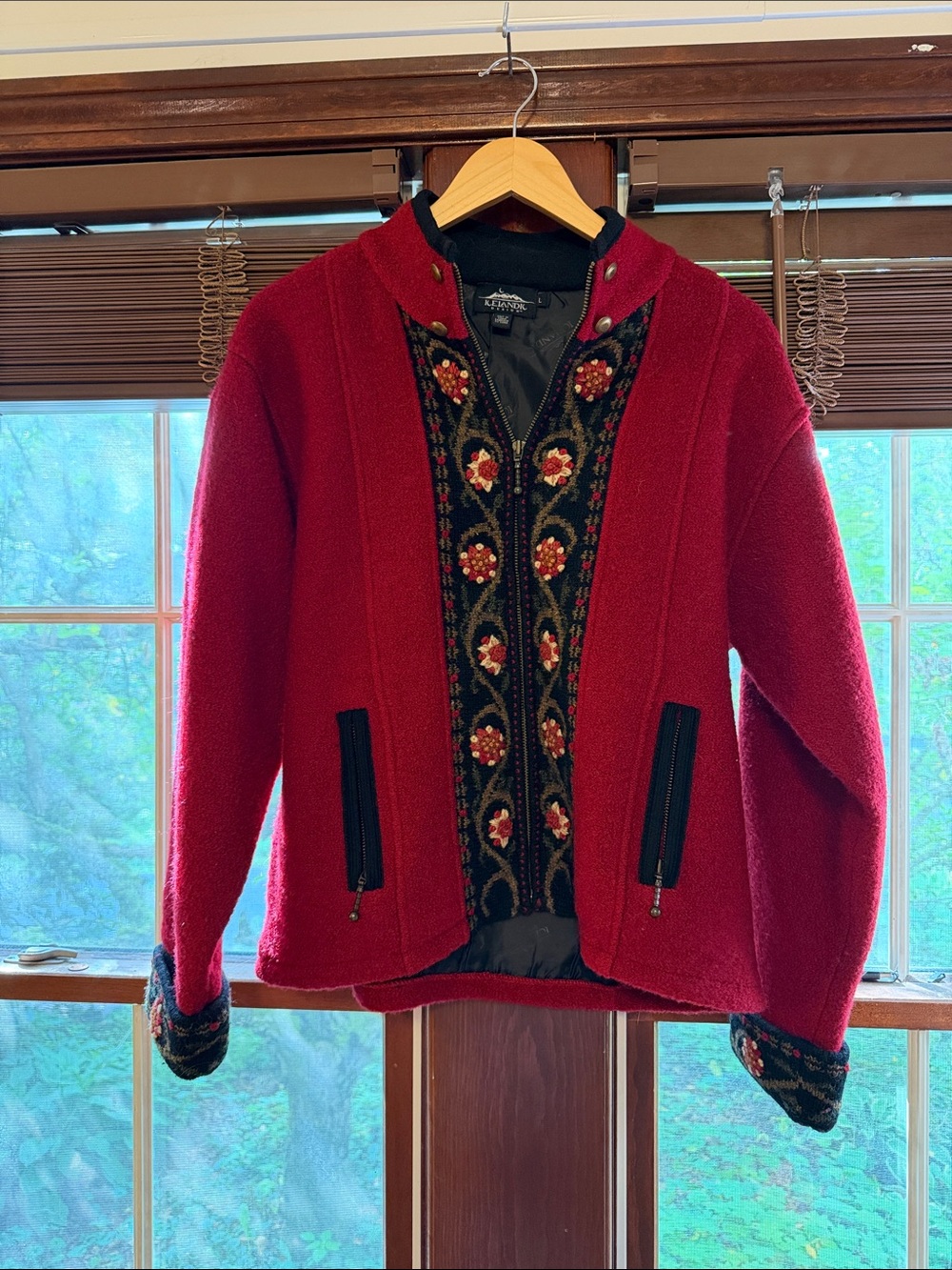 Wool-Blend Red Embroidered Zip-Front Jacket